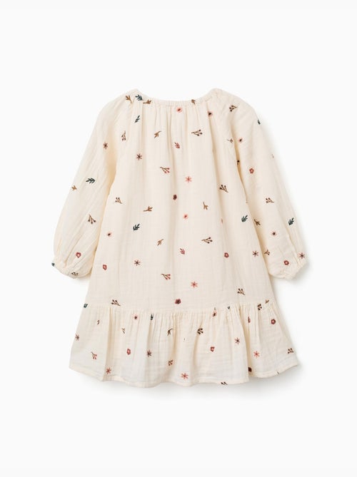 Vestido de manga larga de algodón con bordado floral - Kiabi Vestido de manga larga de algodón con bordado floral - Kiabi