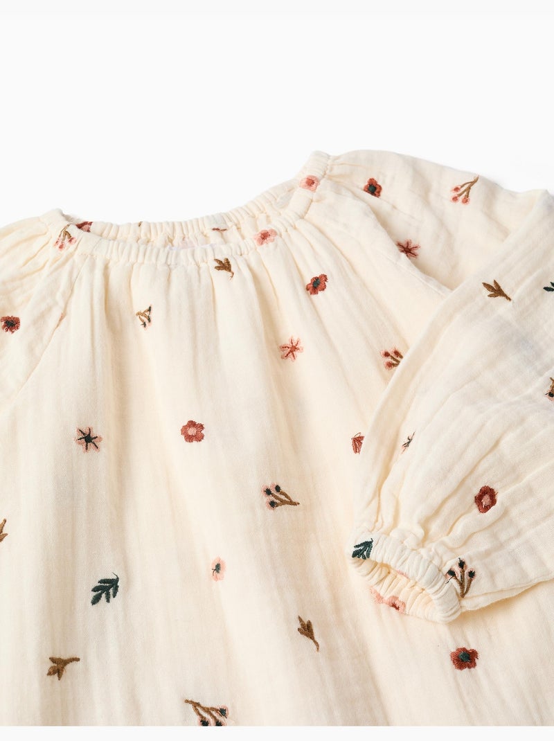Vestido de manga larga de algodón con bordado floral Blanco - Kiabi