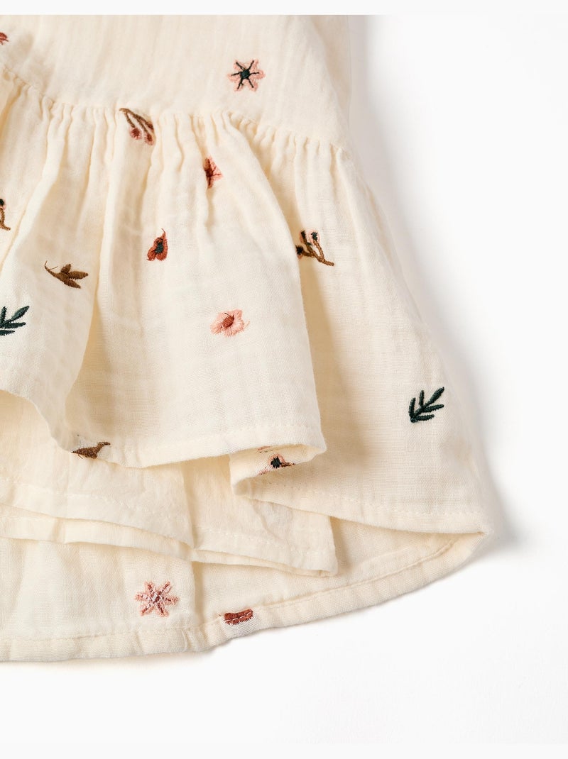 Vestido de manga larga de algodón con bordado floral Blanco - Kiabi