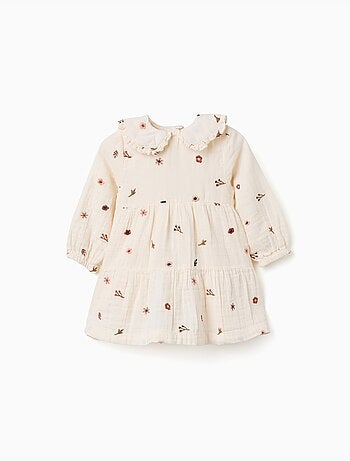 Vestido de manga larga de algodón con bordado floral