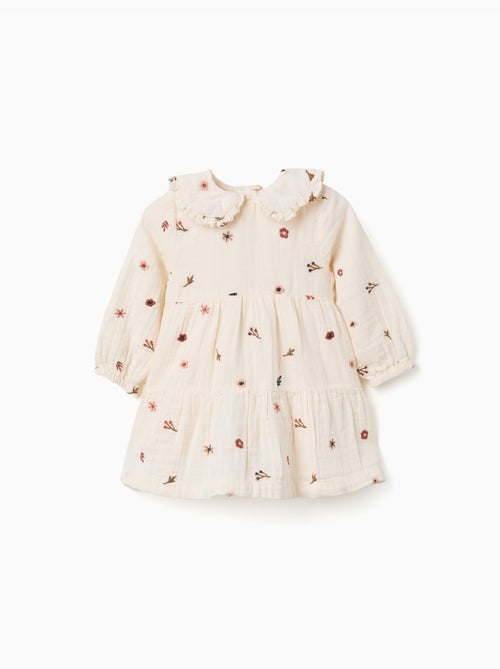 Vestido de manga larga de algodón con bordado floral - Kiabi