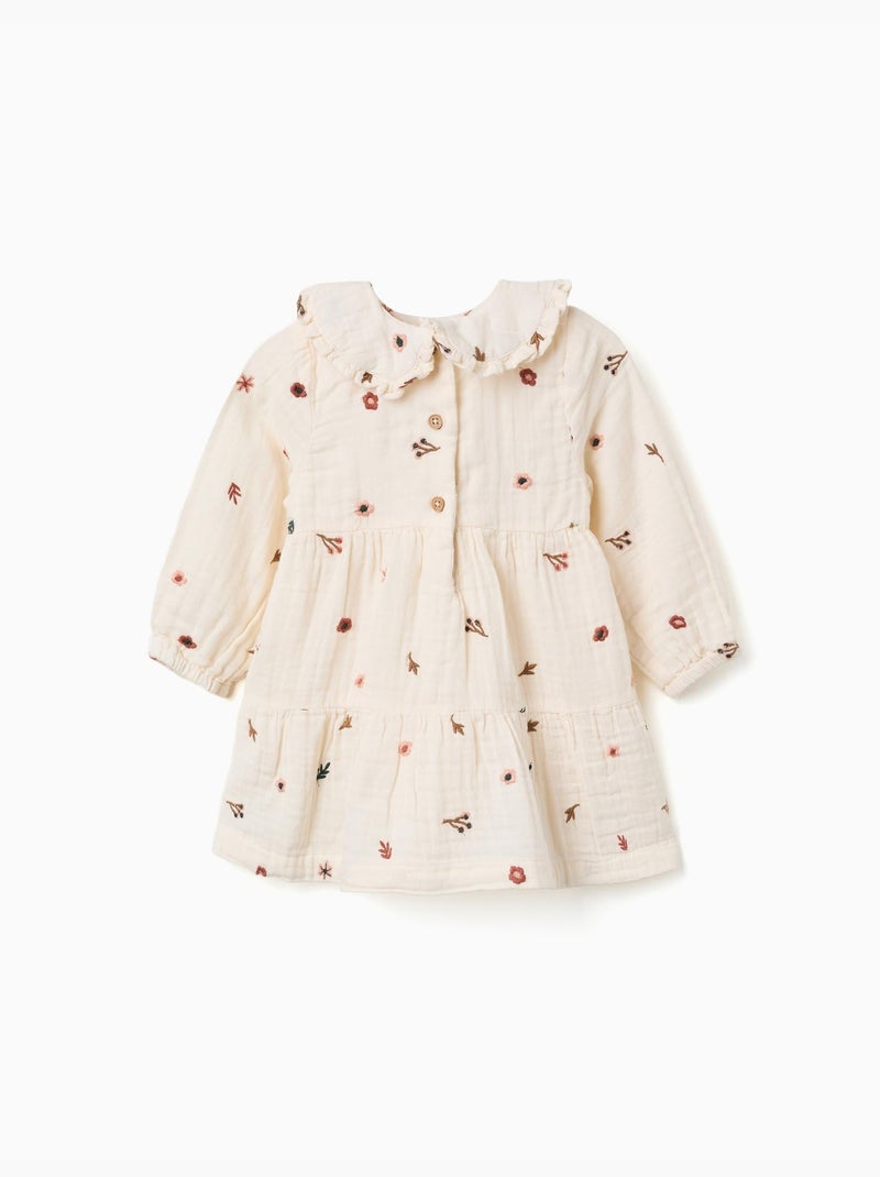 Vestido de manga larga de algodón con bordado floral Blanco - Kiabi