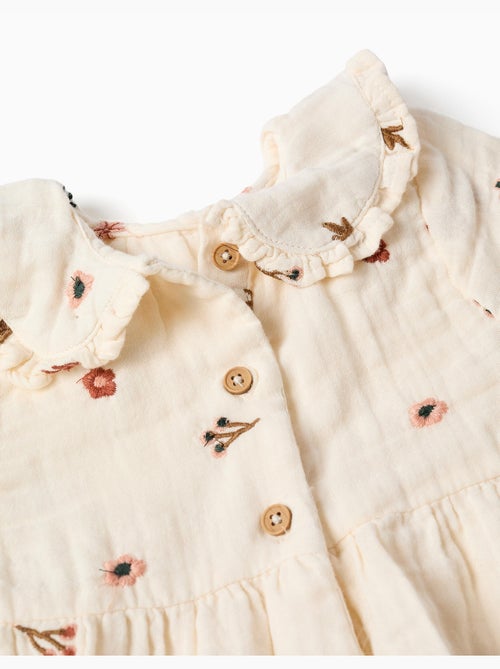 Vestido de manga larga de algodón con bordado floral - Kiabi