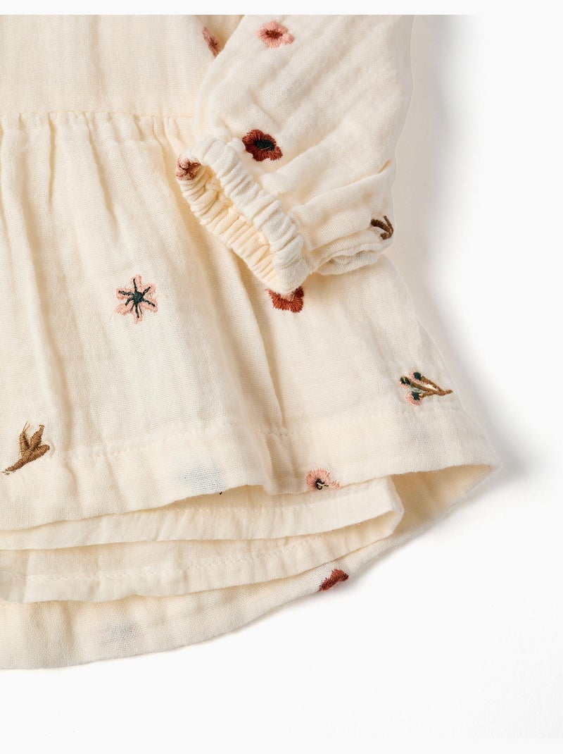 Vestido de manga larga de algodón con bordado floral Blanco - Kiabi
