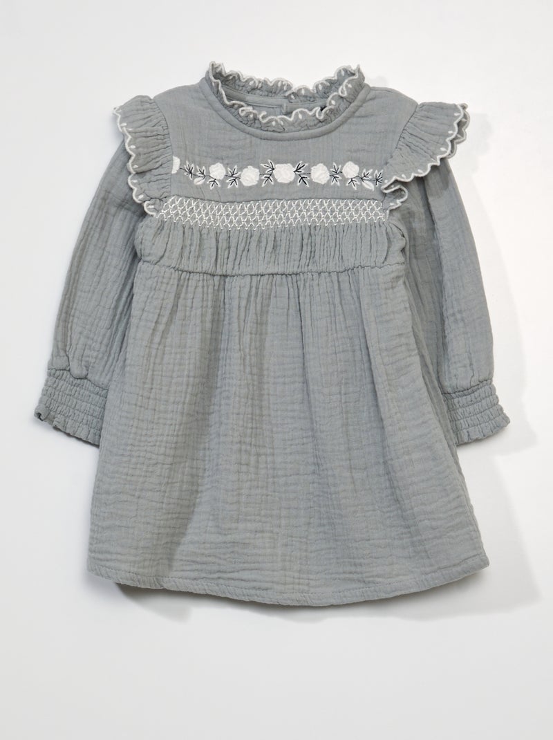 Vestido de manga larga de gasa de algodón AZUL - Kiabi