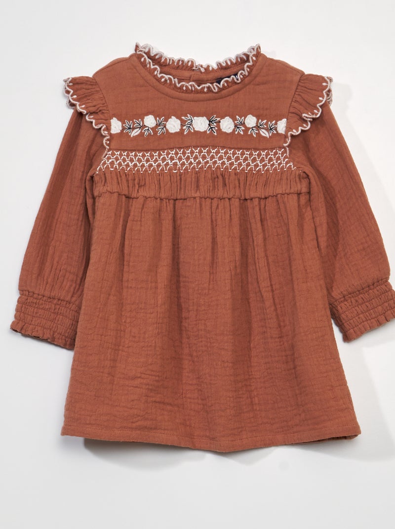 Vestido de manga larga de gasa de algodón NARANJA - Kiabi