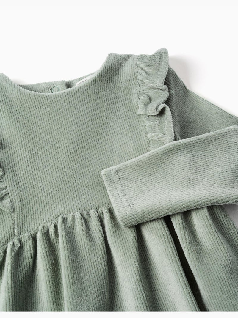 Vestido de manga larga de pana con volantes Verde - Kiabi
