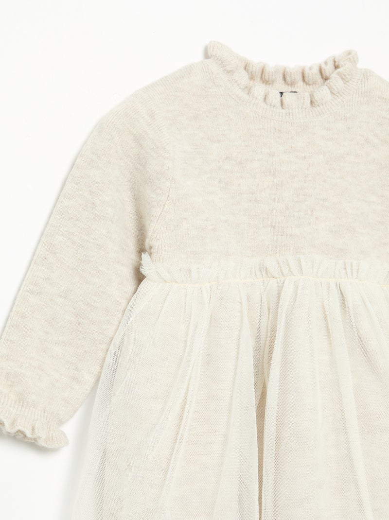 Vestido de manga larga de punto y tul Beige - Kiabi