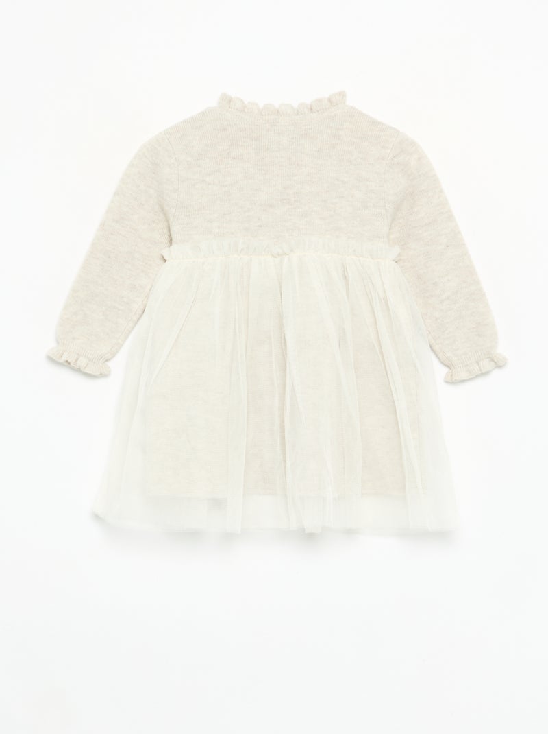 Vestido de manga larga de punto y tul Beige - Kiabi