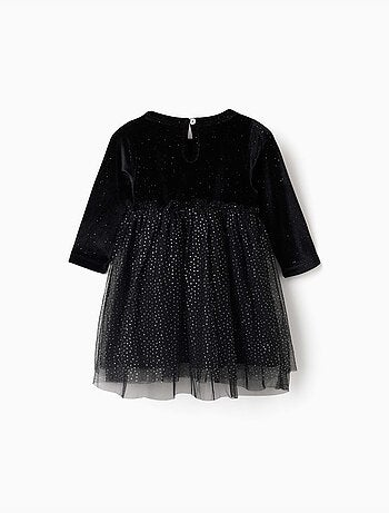 Vestido de manga larga de terciopelo y tul con lurex