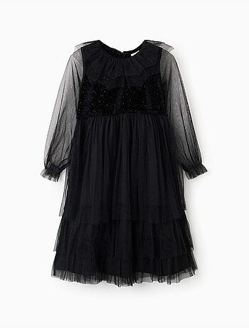 Vestido de manga larga de terciopelo y tul con volantes
