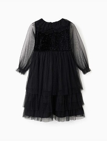Vestido de manga larga de terciopelo y tul con volantes