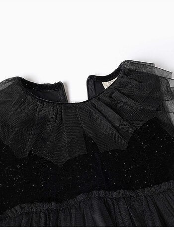 Vestido de manga larga de terciopelo y tul con volantes