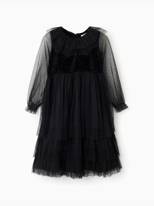 Vestido de manga larga de terciopelo y tul con volantes - Kiabi Vestido de manga larga de terciopelo y tul con volantes - Kiabi