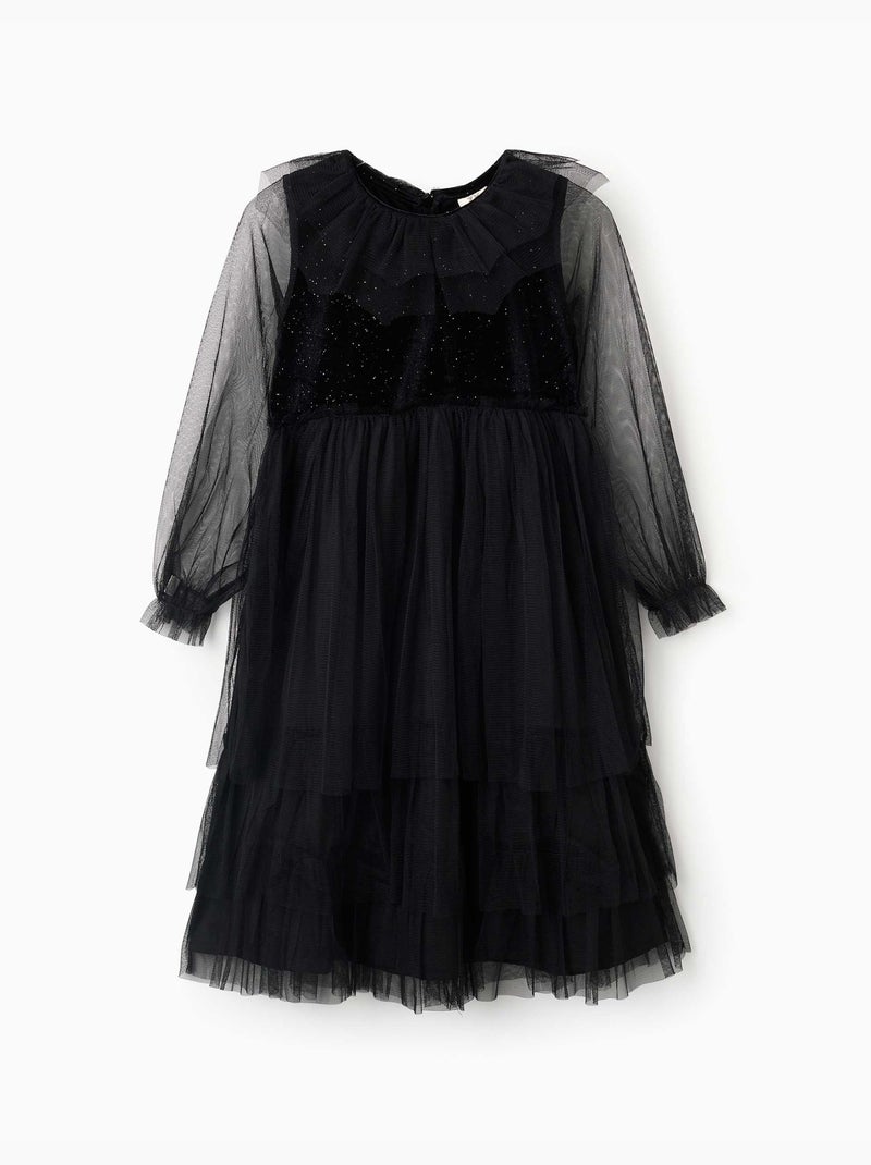 Vestido de manga larga de terciopelo y tul con volantes Negro Negro - Kiabi