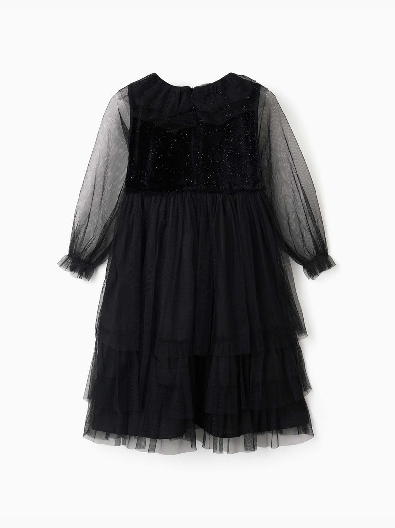 Vestido de manga larga de terciopelo y tul con volantes Negro Negro - Kiabi