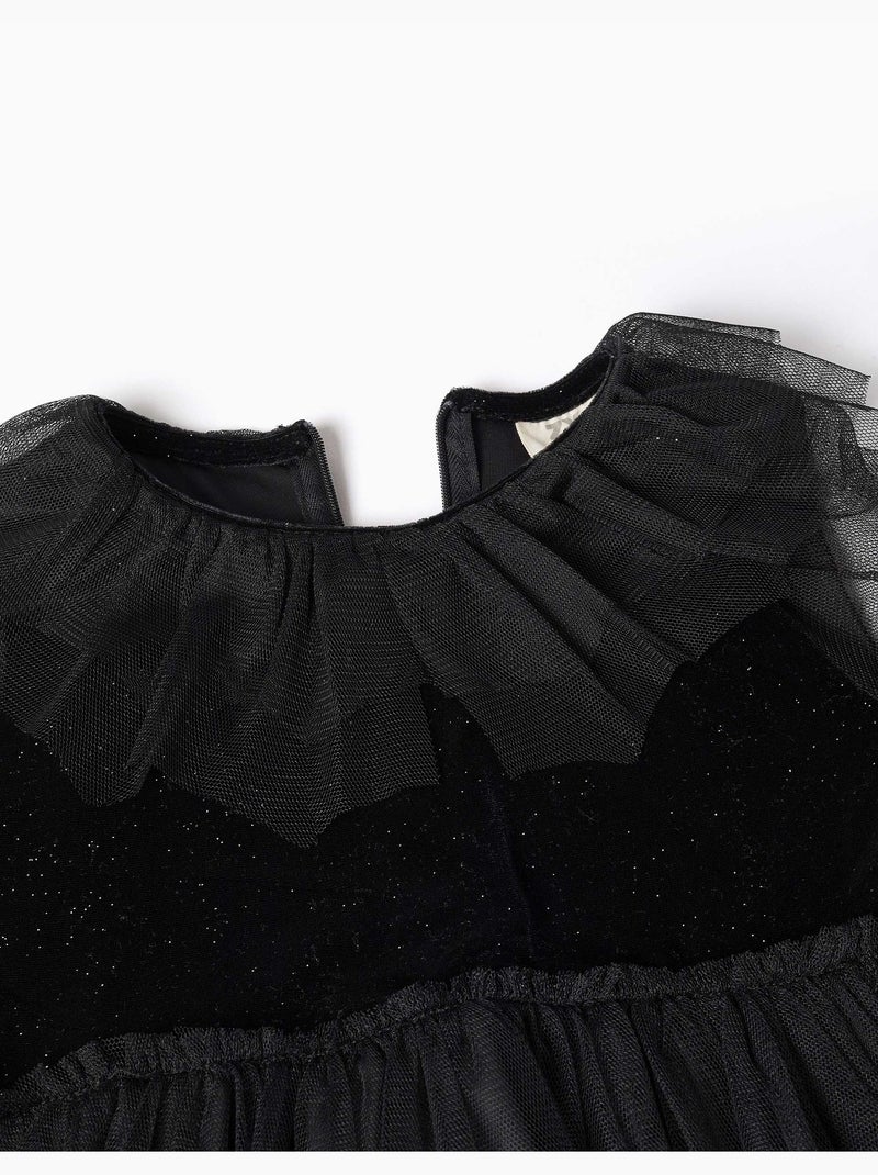 Vestido de manga larga de terciopelo y tul con volantes Negro Negro - Kiabi