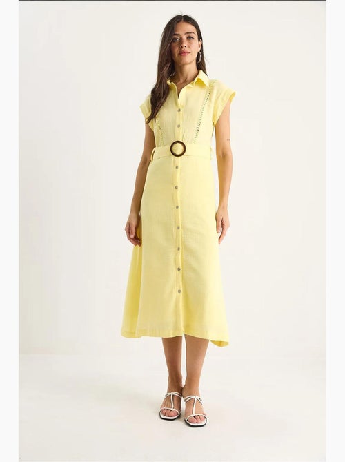 Vestido de muselina con detalle de encaje, cierre de botones, cinturón y forro. Lucci - Kiabi