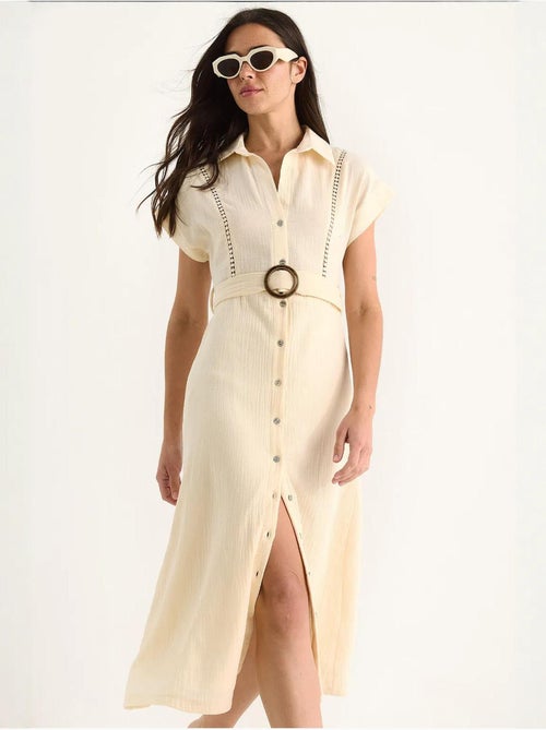 Vestido de muselina con detalle de encaje, cierre de botones, cinturón y forro. Lucci - Kiabi