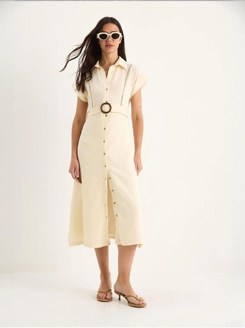 Vestido de muselina con detalle de encaje, cierre de botones, cinturón y forro. Lucci - Kiabi