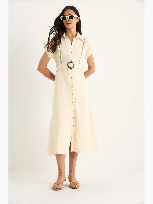Vestido de muselina con detalle de encaje, cierre de botones, cinturón y forro. Lucci - Kiabi