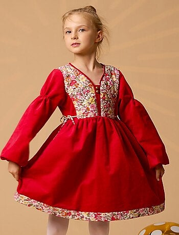 Vestido de Navidad para Niña | Terciopelo Rojo con Estampado Liberty | MARGOT