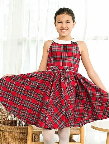Vestido de Navidad que Gira para Niña | Cuadros Tartan Rojos | HEPBURN
