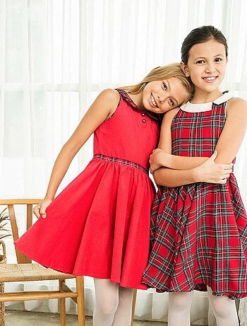 Vestido de Navidad que Gira para Niña | Cuadros Tartan Rojos | HEPBURN
