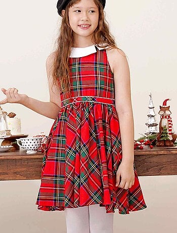 Vestido de Navidad que Gira para Niña | Cuadros Tartan Rojos | HEPBURN