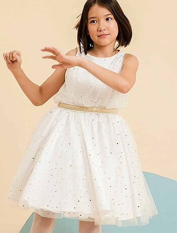 Vestido de noche de tul blanco para niña | Lentejuelas doradas | HEPBURN
