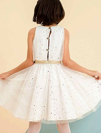 Vestido de noche de tul blanco para niña | Lentejuelas doradas | HEPBURN