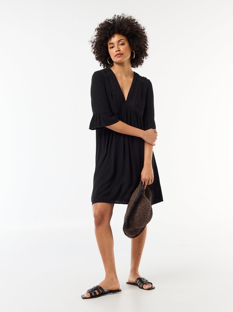 Vestido de playa de punto crepé y macramé Negro - Kiabi