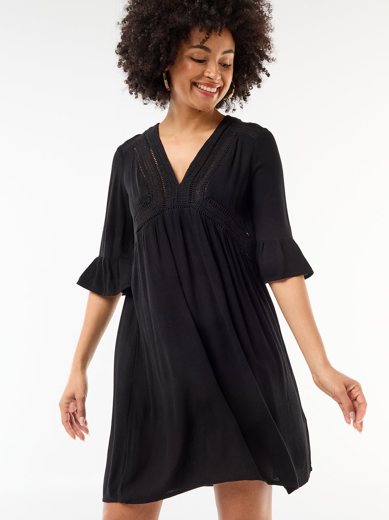 Vestido de playa de punto crepé y macramé Negro - Kiabi