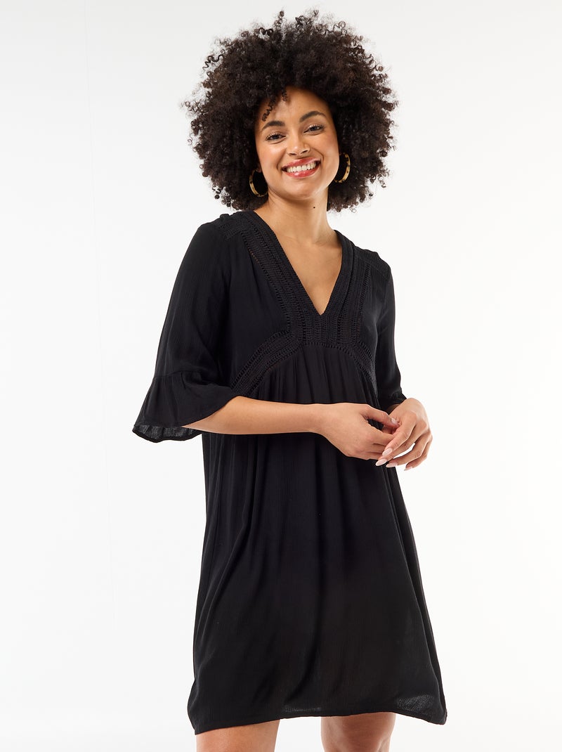 Vestido de playa de punto crepé y macramé Negro - Kiabi