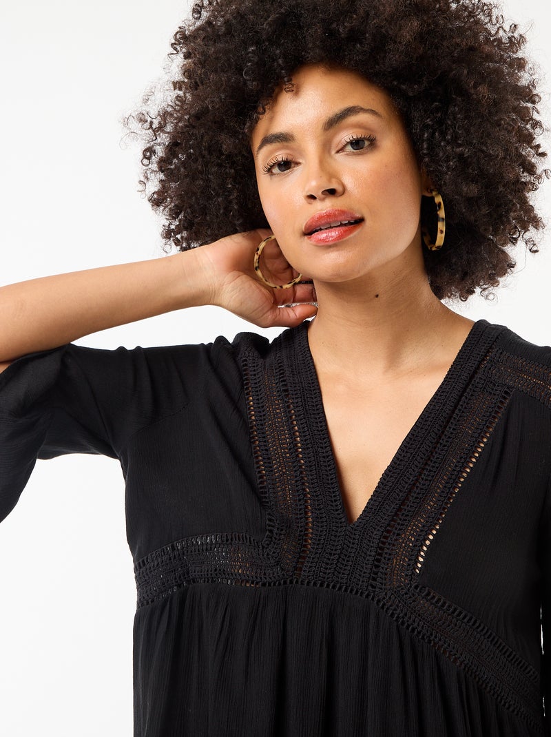 Vestido de playa de punto crepé y macramé Negro - Kiabi