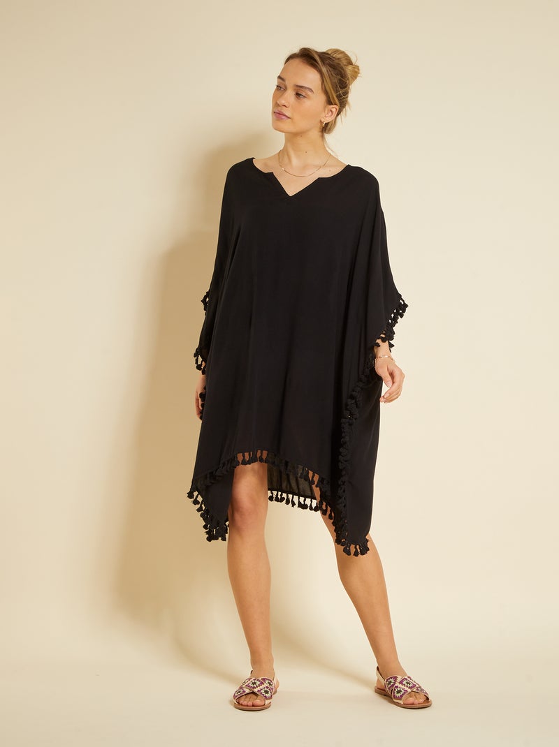 Vestido de playa vaporoso con pompones Negro - Kiabi