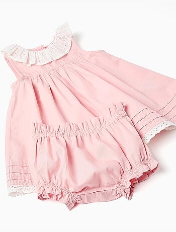 Vestido de popelín + cubrepañal con volantes