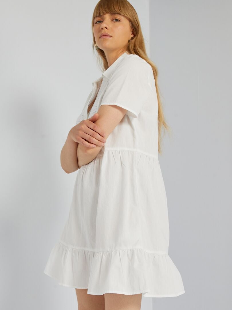 Vestido de popelina con bordados Blanco - Kiabi
