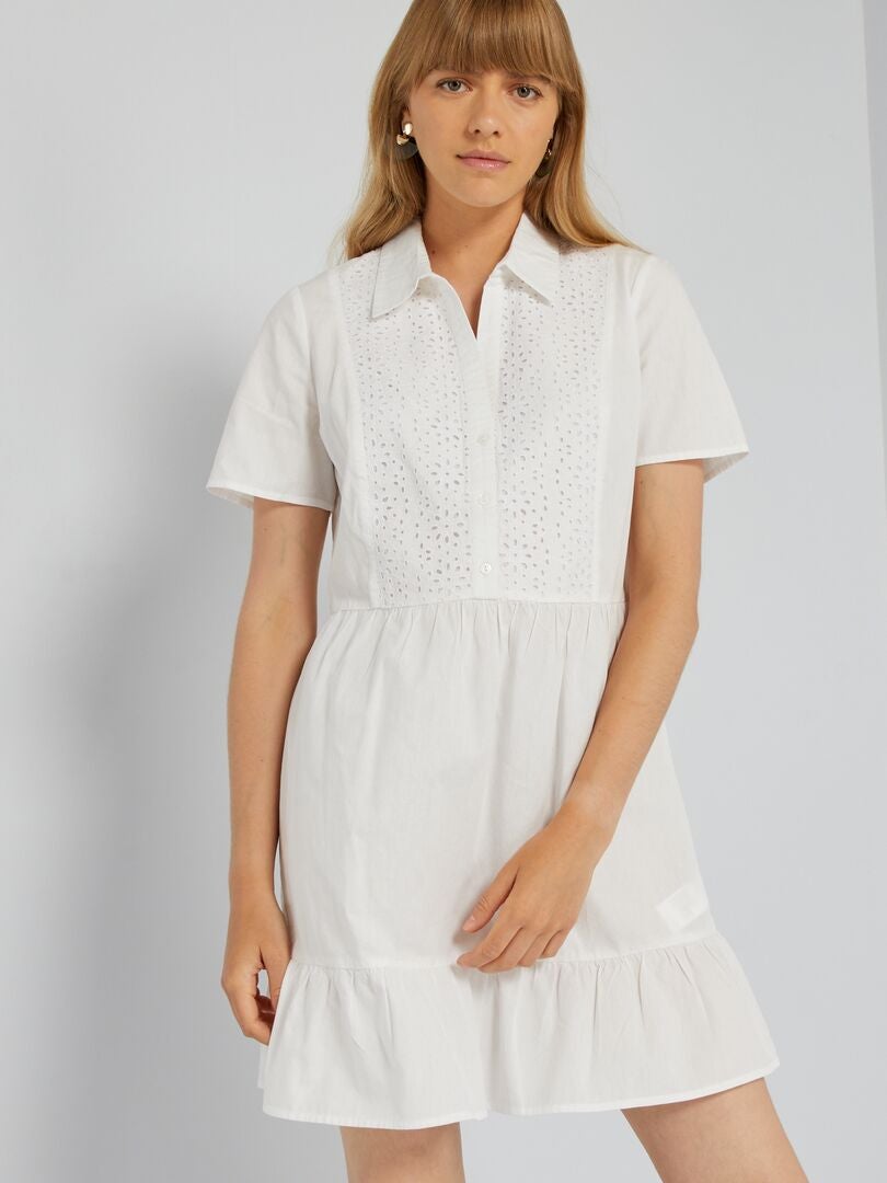 Vestido de popelina con bordados Blanco - Kiabi