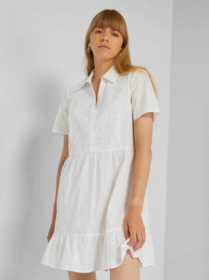 Vestido de popelina con bordados Blanco - Kiabi