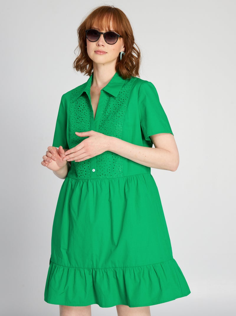 Vestido de popelina con bordados verde flúor - Kiabi