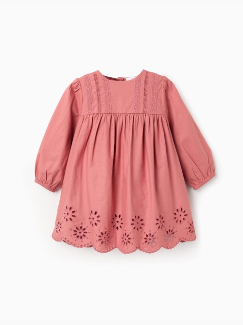 Vestido de popelina de manga larga con bordado inglés - Kiabi