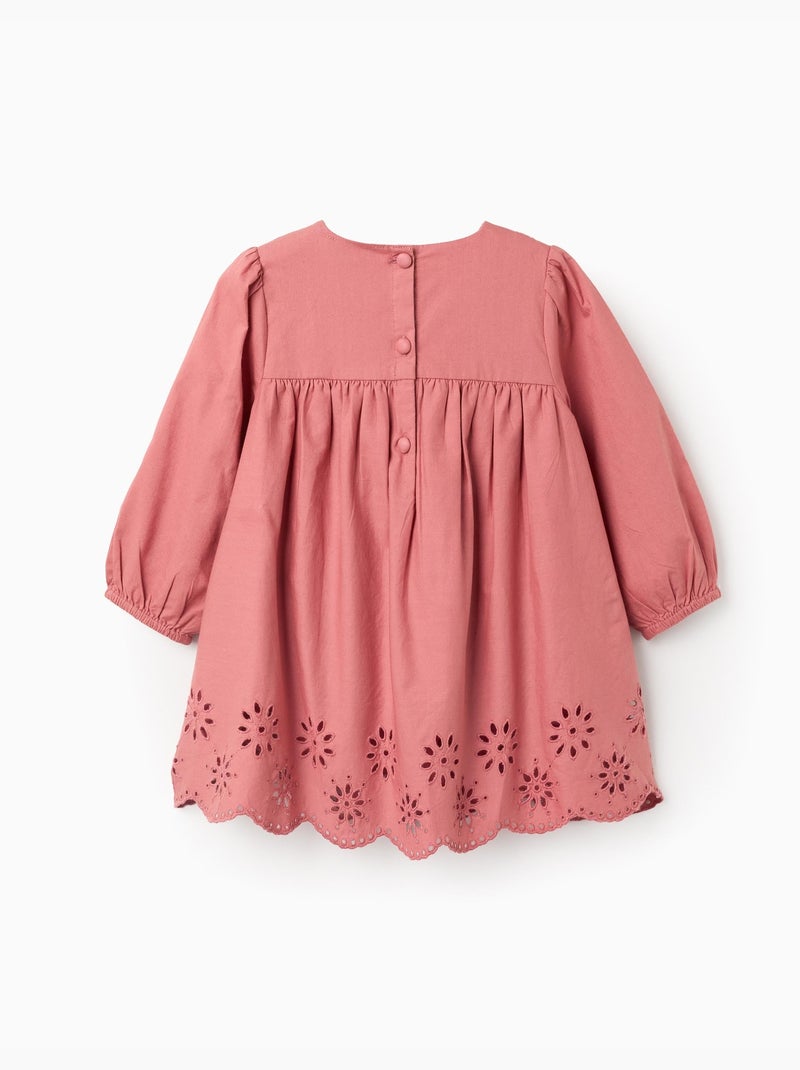 Vestido de popelina de manga larga con bordado inglés Rosa - Kiabi