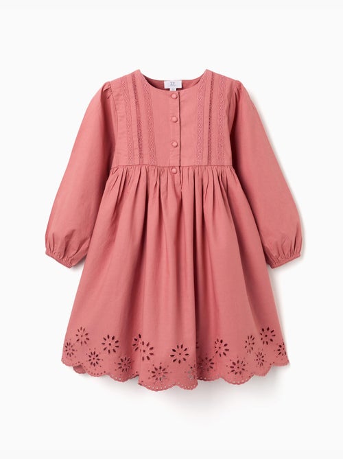 Vestido de popelina de manga larga con bordado inglés - Kiabi