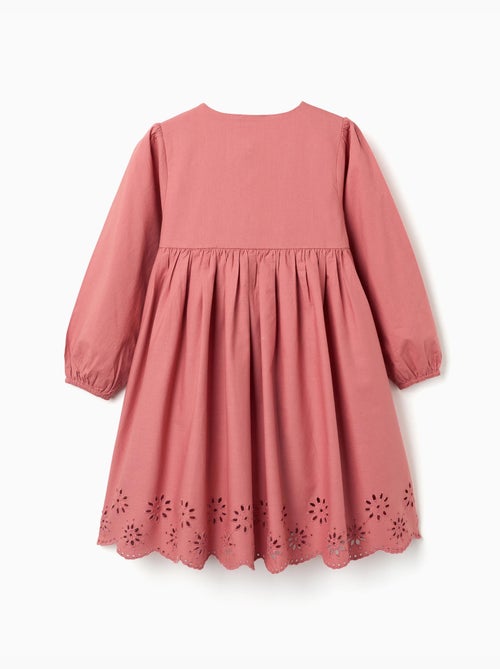 Vestido de popelina de manga larga con bordado inglés - Kiabi