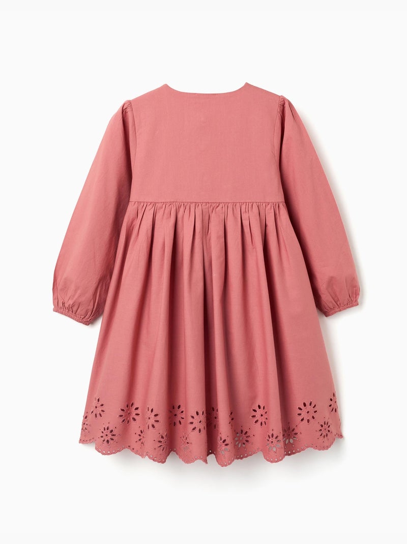 Vestido de popelina de manga larga con bordado inglés Rosa - Kiabi