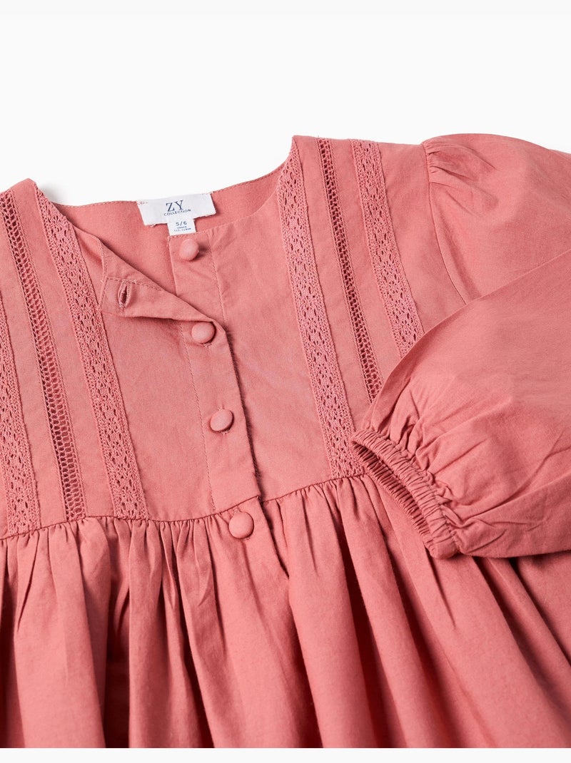 Vestido de popelina de manga larga con bordado inglés Rosa - Kiabi