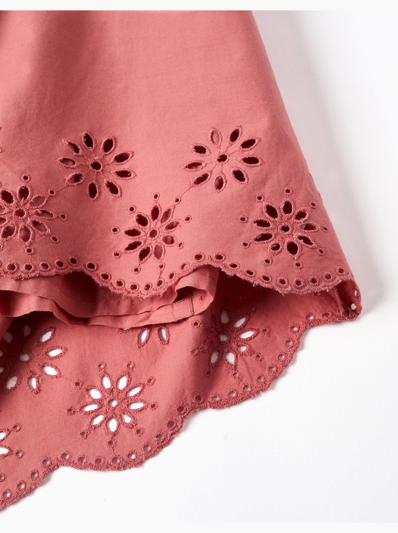 Vestido de popelina de manga larga con bordado inglés Rosa - Kiabi