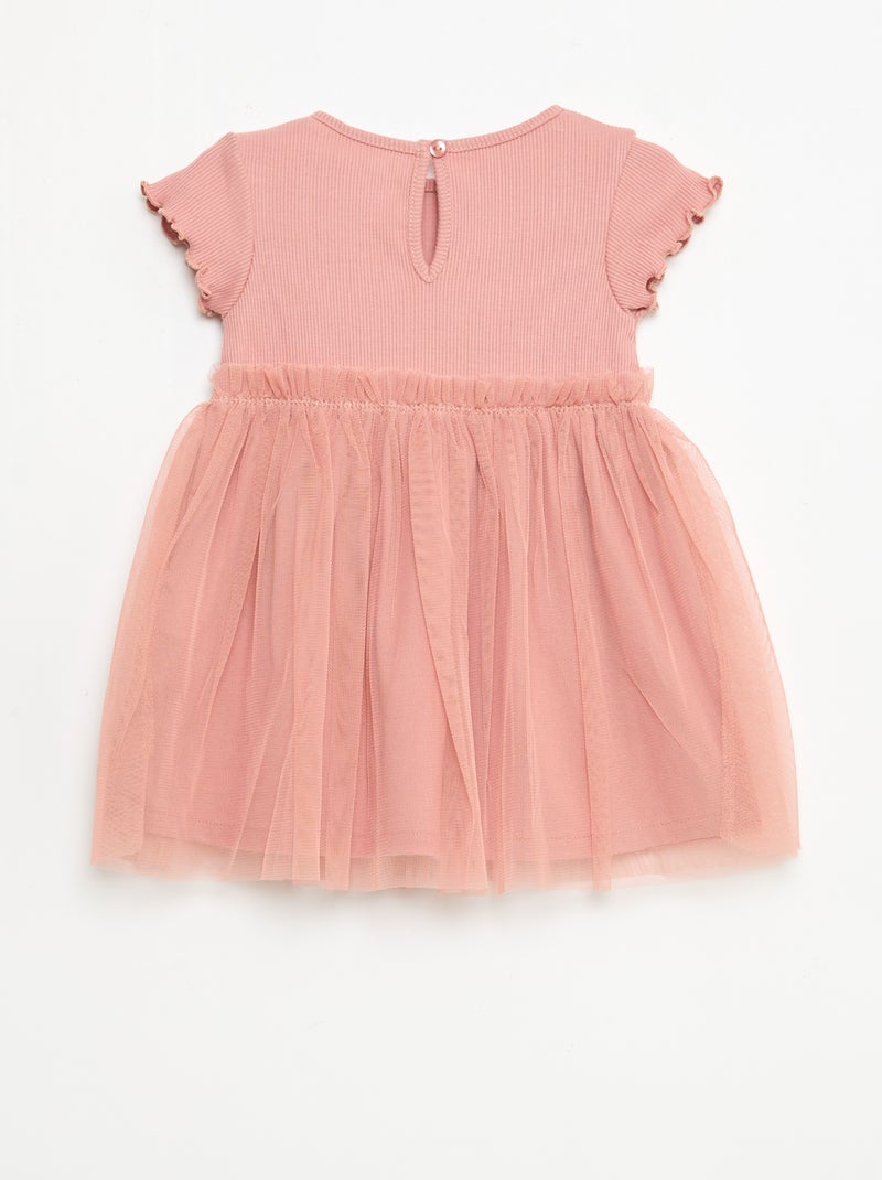 Vestido de punto acanalado y tul Rosa - Kiabi
