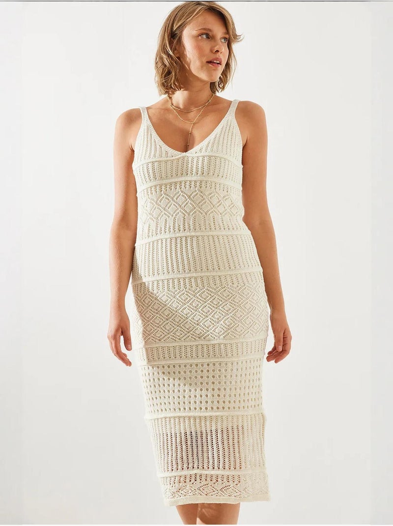 Vestido de punto calado con tirantes finos y forro lucci Beige arcilla - Kiabi